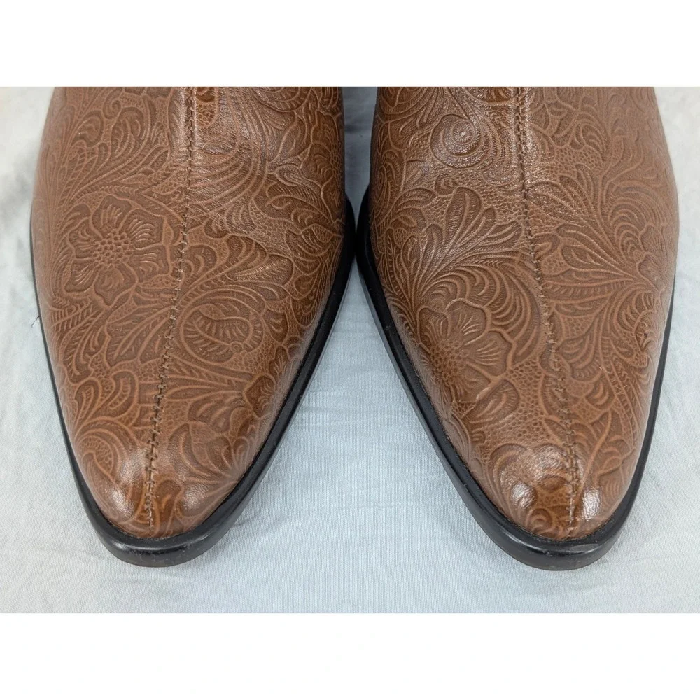 A. Marinelli Archer Brown Tooled Leather Floral Mid Calf Boots 7.5 M Brazil Made - Picture 5 of 11